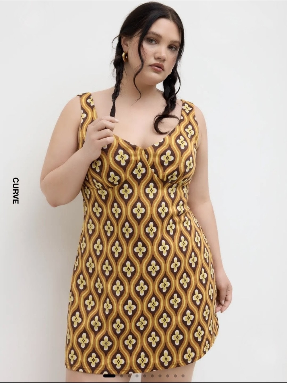 Cider Curve 1XL Brown, Yellow & White Retro Floral Knit Dress
